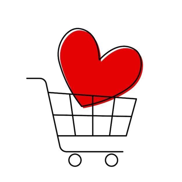 Día nacional de recordatorio de compras de San Valentín carro de línea negra simple con ilustración de vector de trazo editable de corazón rojo grande