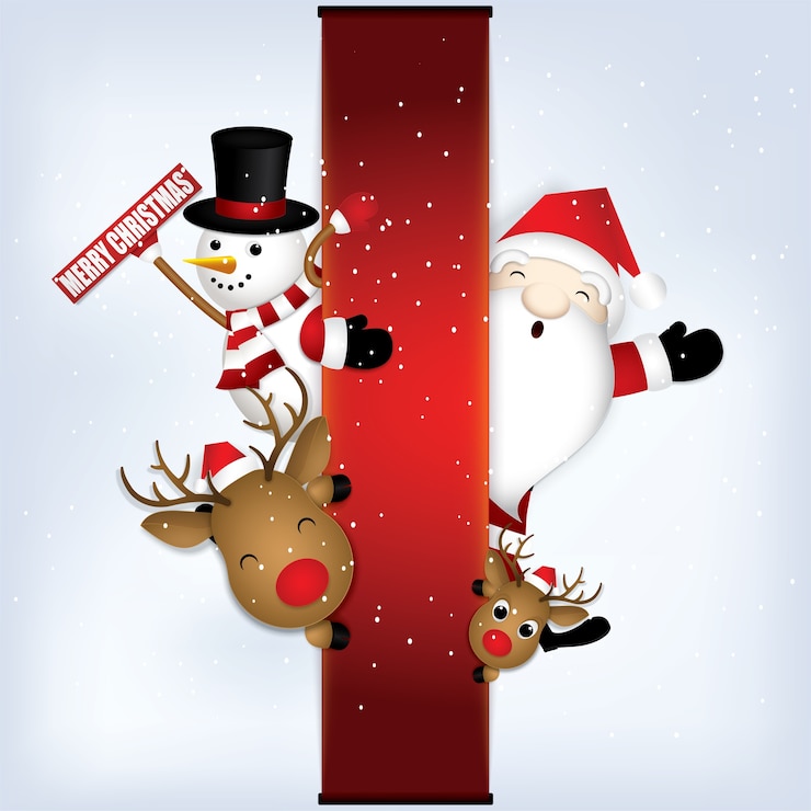 Vector día de navidad, santa claus, muñeco de nieve y ciervo.