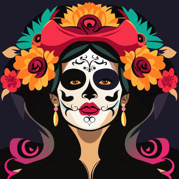 Vector día de la niña muerta calavera de azúcar dibujado a mano dibujos animados pegatina icono concepto aislado ilustración