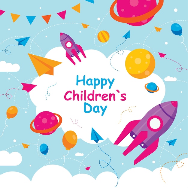 Día del niño feliz plano con vector de ilustración de niños de juego