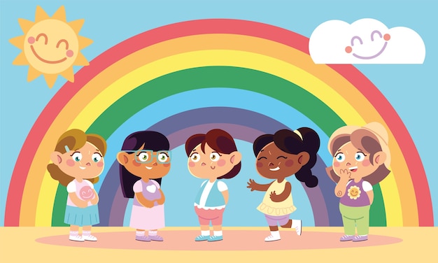 Día del niño, niñas felices y decoración de arco iris.