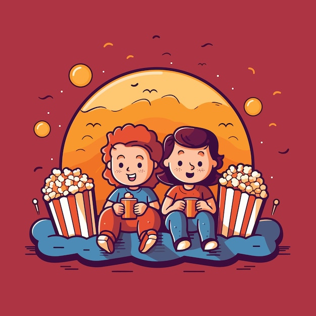 Vector día del niño niños pasando una noche de cine con palomitas de maíz