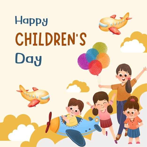 El día de los niños de las nubes de avións juguetones marrones y azules
