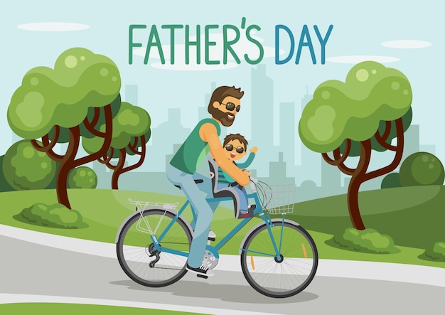 Vector día del padre hombre con niño montando bicicleta en el parque de la ciudad feliz padre cariñoso e hijo sonriente con letras dibujadas a mano