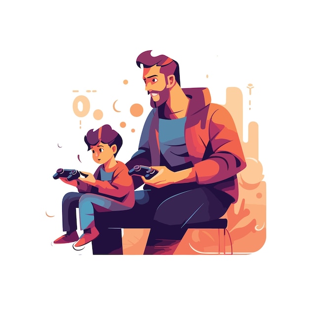 Vector día del padre jugando videojuegos con niños