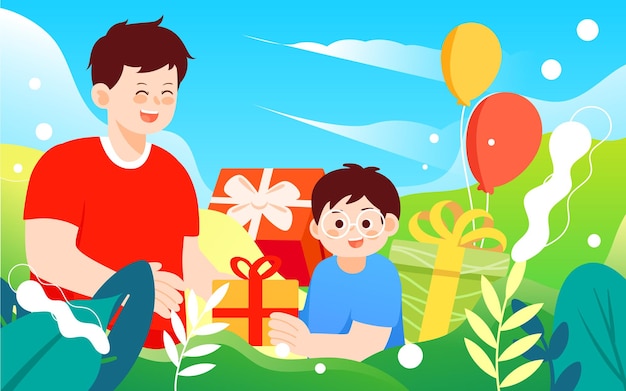 Día del padre niño dando regalos de papá ilustración de vector de interacción entre padres e hijos