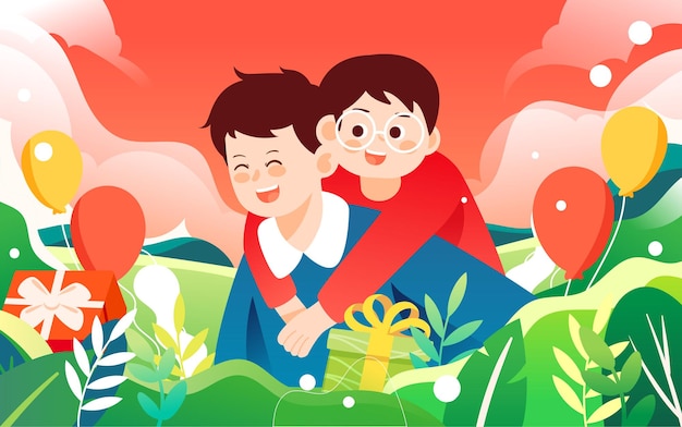Día del padre padre e hijo jugando juntos con varias plantas y cajas de regalo en el fondo