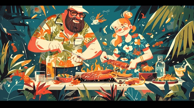 Vector día del padre con parrilla al aire libre y barbacoa