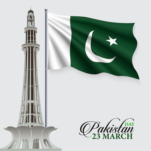 Día de Pakistán con bandera y minar e Plantilla de Pakistán