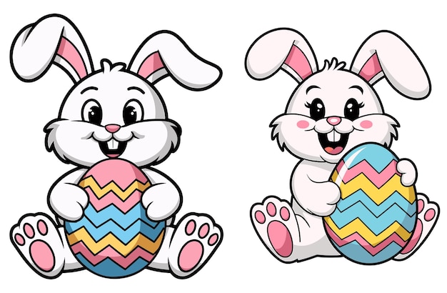 Día de Pascua con un lindo conejito feliz de dibujos animados sosteniendo un huevo colorido o un ramo riendo Decoración de Pascua