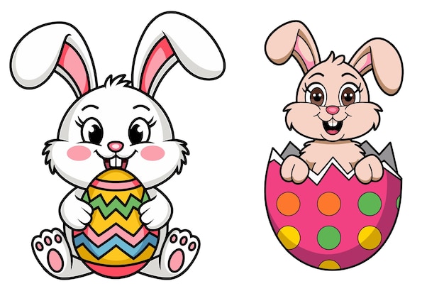 Día de Pascua con un lindo conejito feliz de dibujos animados sosteniendo un huevo colorido o un ramo riendo Decoración de Pascua