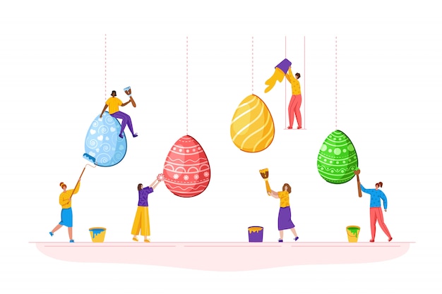 Día de pascua: personas en miniatura decoran huevos de pascua gigantes, hombre y mujer pequeños