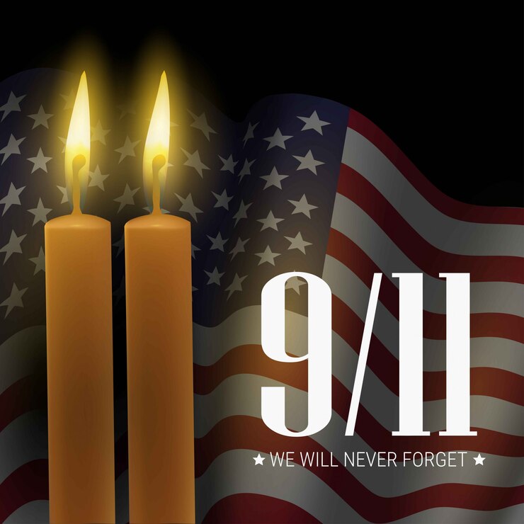 Día patriota. Nunca olvidaremos. 9/11 día conmemorativo. Banner con bandera de Estados Unidos y velas