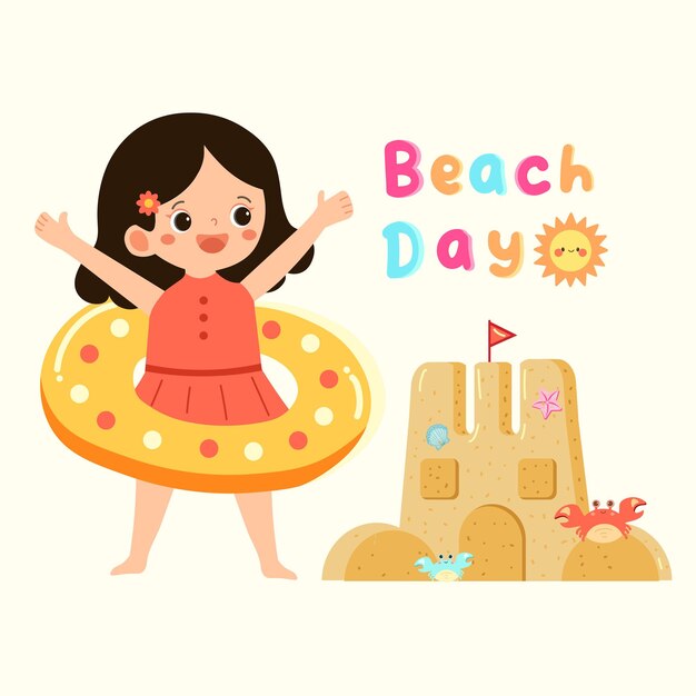 Día de playa Ilustración vectorial dibujada a mano feliz chica verano niños clip art