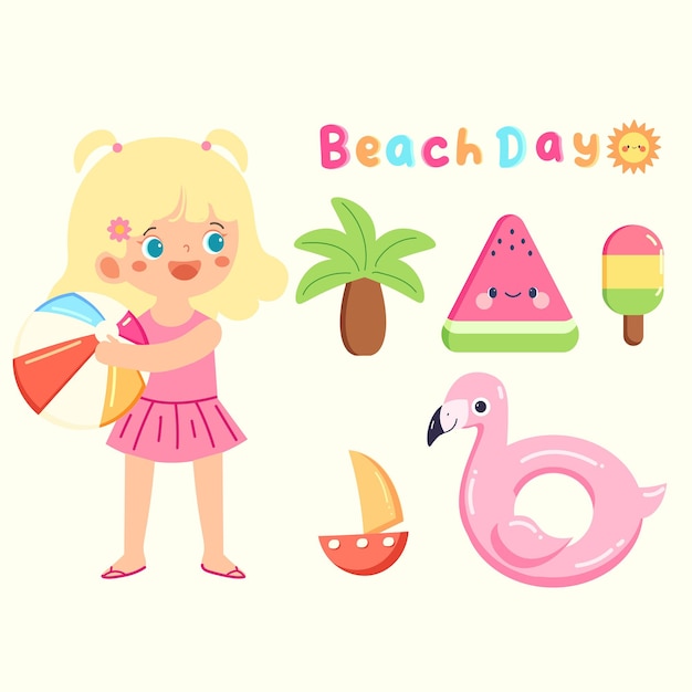 Día de playa Ilustración vectorial dibujada a mano feliz chica verano niños clip art