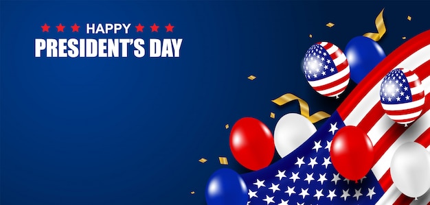 Día del Presidente EE.UU. Antecedentes. Diseño con globos, bandera de EE. UU. Y confeti de oro.