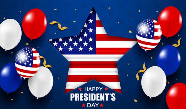 Día del Presidente EE.UU. Antecedentes. Diseño con globos, bandera de EE. UU. Y confeti de oro.