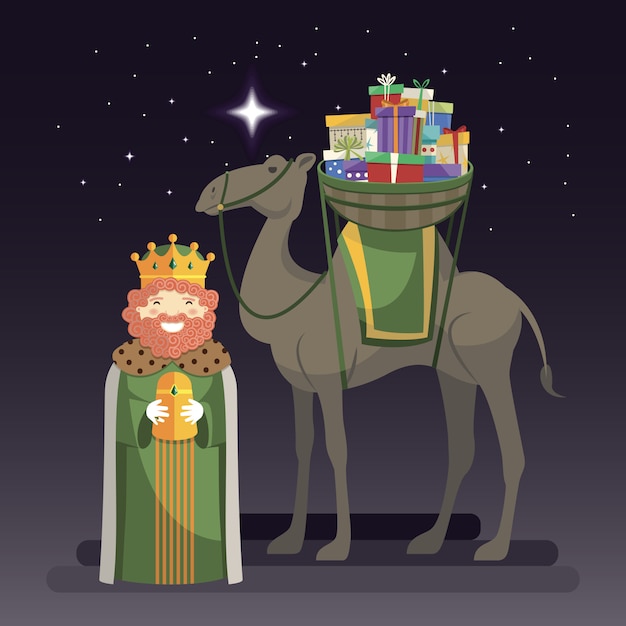 Día de los reyes magos con el rey caspar, camello y regalos por la noche.