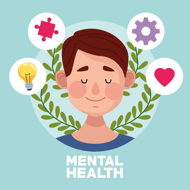 Vector día de la salud mental con hombre joven y elementos de set.