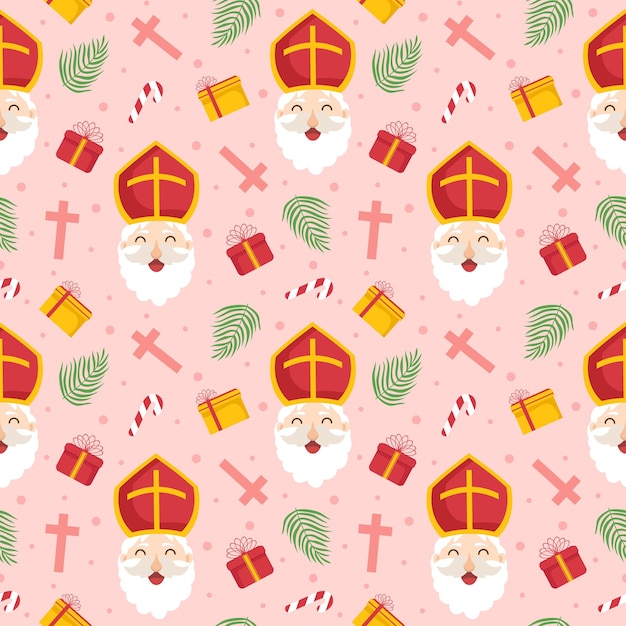 Día de San Nicolás o Sinterklaas Fondo de patrones sin fisuras Ilustración plana de dibujos animados dibujados a mano
