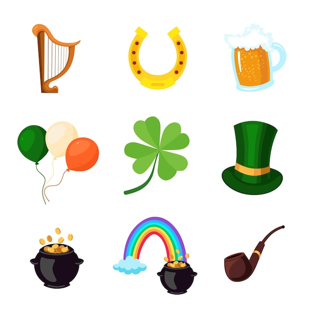 Día de san patricio un conjunto de iconos de imágenes prediseñadas para el día de san patricio irlanda caldero de oro