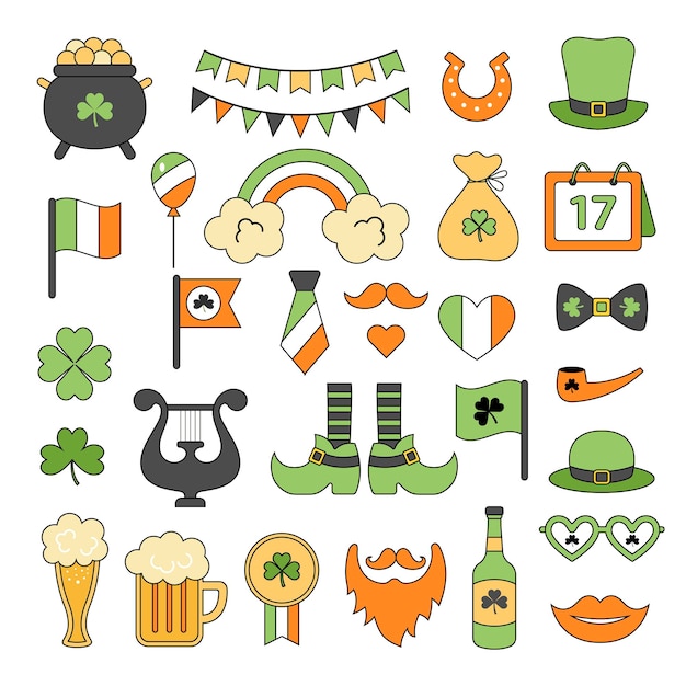 Día de San Patricio Diseño coloreado Elementos de la suerte Sombrero de trébol Duende Monedas de oro Colección vectorial reciente en estilo plano