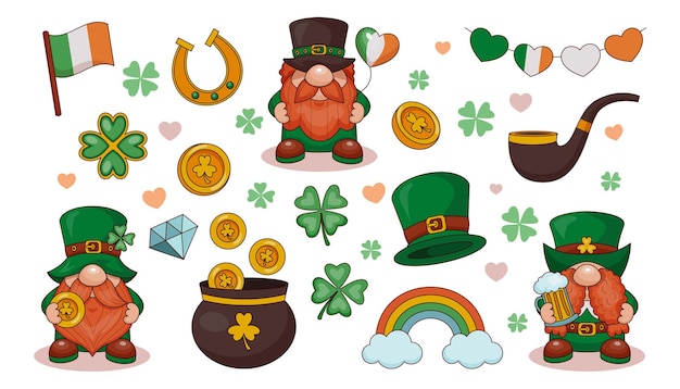 Día de San Patricio Duende con sombrero verde Irlanda trébol celebración irlandesa trébol Ilustración de dibujos animados con monedas de cerveza y arco iris Diseño de mascota Elementos aislados Vector vacaciones ordenadas