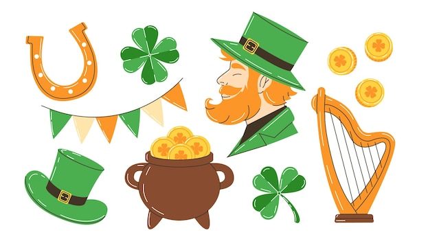El día de San Patricio establece símbolos de Irlanda establece sombrero duende olla de oro monedas de trébol arpa gar