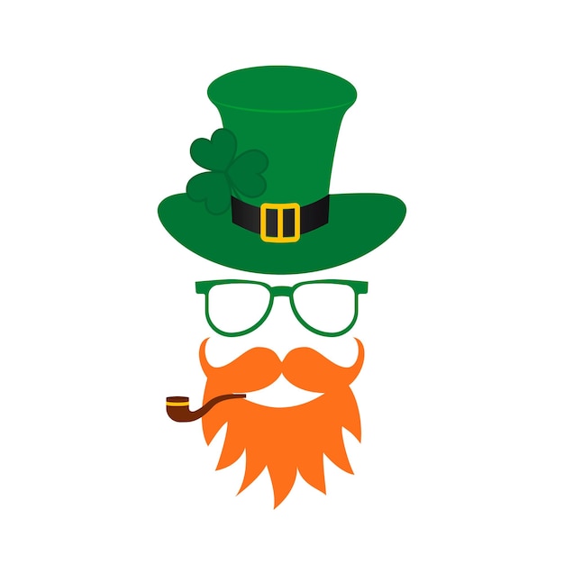 Día de san patricio ícono de dibujos animados de duende con sombrero verde bigote pipa de barba roja y hoja de trébol o trébol aislado en blanco plantilla para tarjeta de felicitación del día de patricio cartel volante etc.