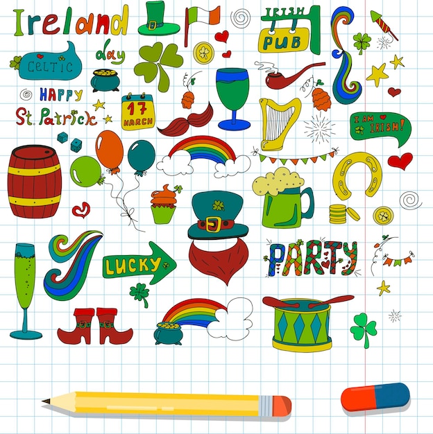 Día de San Patricio con iconos dibujados a mano. Un garabato de cerveza, Irlanda, pub, fiesta, bar. Plantilla para una postal, invitación, anuncio o pancarta para la festividad irlandesa del 17 de marzo. Ilustración vectorial