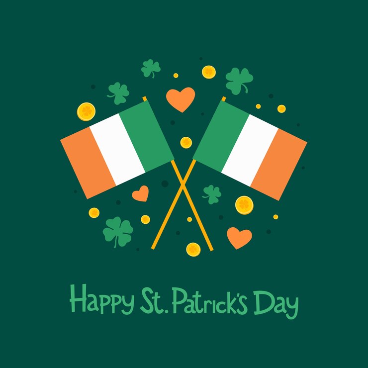 Día de San Patricio. Imagen de dos de la bandera irlandesa, hojas de trébol, corazones e inscripción: "Feliz día de San Patricio" sobre fondo verde. ilustración.