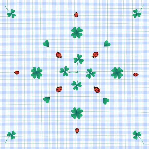 Día de San Patricio Lady Bug Clover Leaf Blue Gingham Pattern Background Editable Stroke Vector