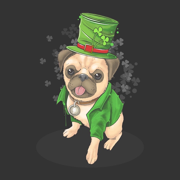 El día de san patricio, el pug usa un lindo sombrero y traje.