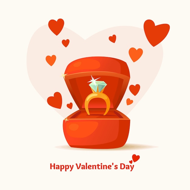 Vector día de san valentín. 14 de febrero. caja de regalo y anillo con un diamante en estilo de dibujos animados.