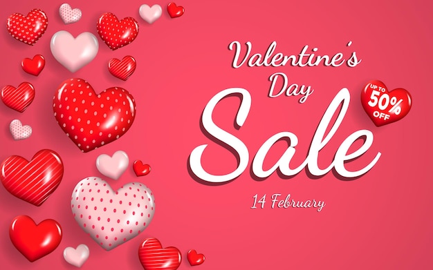 Día de San Valentín 50% de descuento Afiche o pancarta con muchos hermosos corazones 3D realistas y fondo rojo.