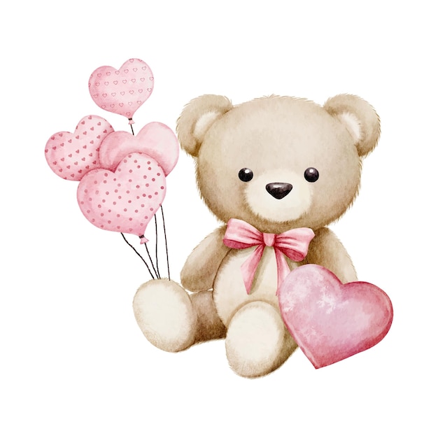 Día de San Valentín acuarela vectorial con oso de peluche sosteniendo corazones globo estilo vintage