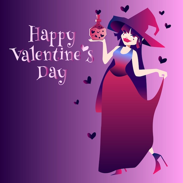 Día de San Valentín Amor y 14 de febrero Bruja sosteniendo una poción de amor en su mano Arte vectorial