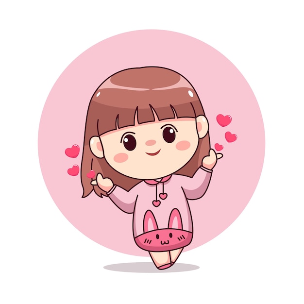 Día de san valentín amor signo feliz linda y kawaii niña con capucha rosa conejito dibujos animados manga chibi