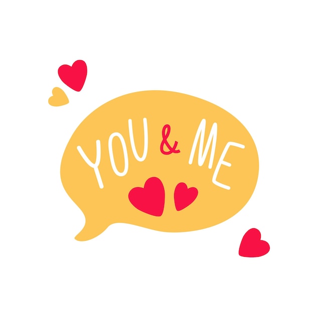 Día de San Valentín burbuja de discurso vectorial con mensaje de amor Usted y yo naranja iconos de dibujos animados pegatinas vectorial