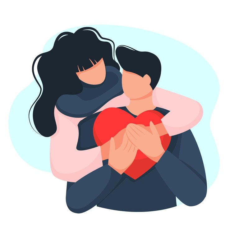 Vector día de san valentín. chica abraza a un chico. pareja enamorada tiene un corazón. vector en estilo de dibujos animados