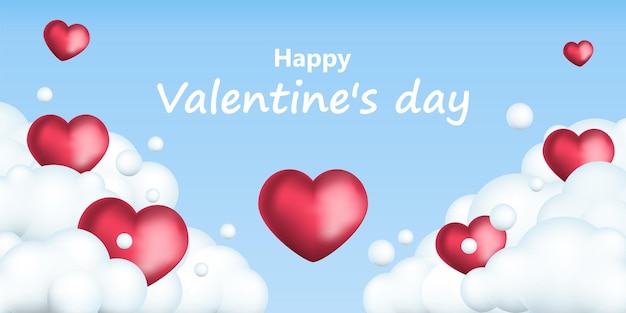Día de San Valentín concepto fondo 3d corazones con nubes blancas ilustración vectorial