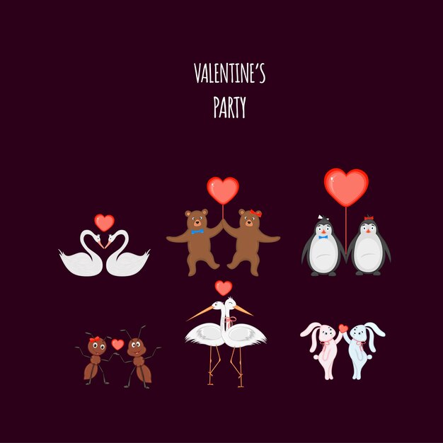 Día de San Valentín conjunto de animales lindos Estilo de dibujos animados Ilustración vectorial
