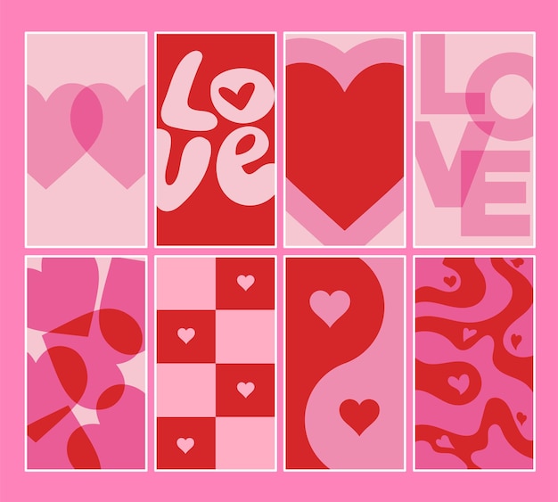 Día de San Valentín conjunto de corazones rosados y rojos fondos de fondos vectoriales historias de redes sociales