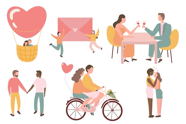 Día de san valentín conjunto de diferentes actividades ilustraciones rosas ciclismo cena romántica cita gay