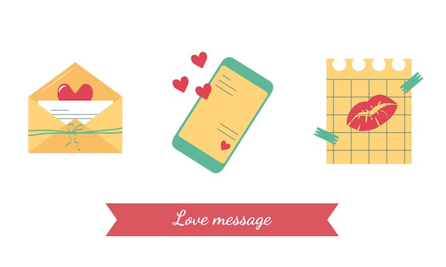 Día de San Valentín conjunto de iconos simples para un mensaje de amor en un sobre