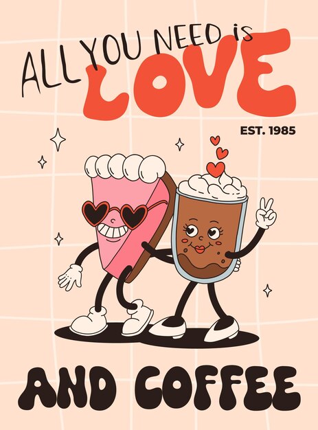 Día de san valentín conjunto de personajes vintage divertidos retro felices y alegres animación antigua de los años 60 70 personajes de dibujos animados groovy de café y dulces donut cupcake espresso latte cacao pastel de regalo