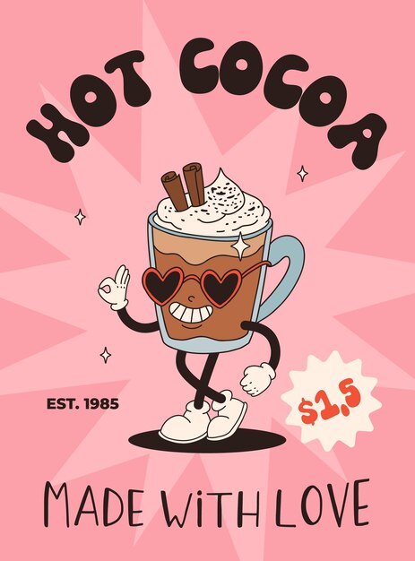 Día de San Valentín conjunto de personajes vintage divertidos retro felices y alegres animación antigua de los años 60 70 personajes de dibujos animados groovy de café y dulces donut cupcake espresso latte cacao pastel de regalo