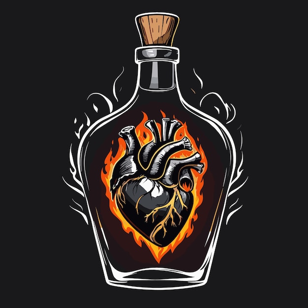 Día de San Valentín corazón negro ardiente con diseño moderno en la botella