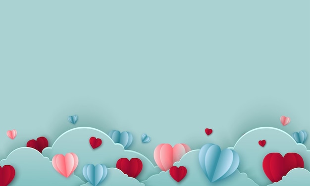 Día de San Valentín con corazones y nubes en papel estilo art.