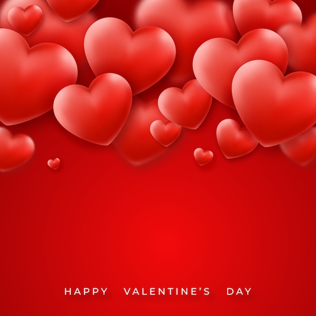 Día de San Valentín con corazones rojos en la parte superior y el texto. Ilustración de tarjeta de felicitación de vacaciones en rojo